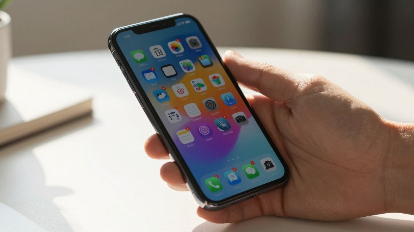 Mão segurando celular com ícones de aplicativos e dinheiro.