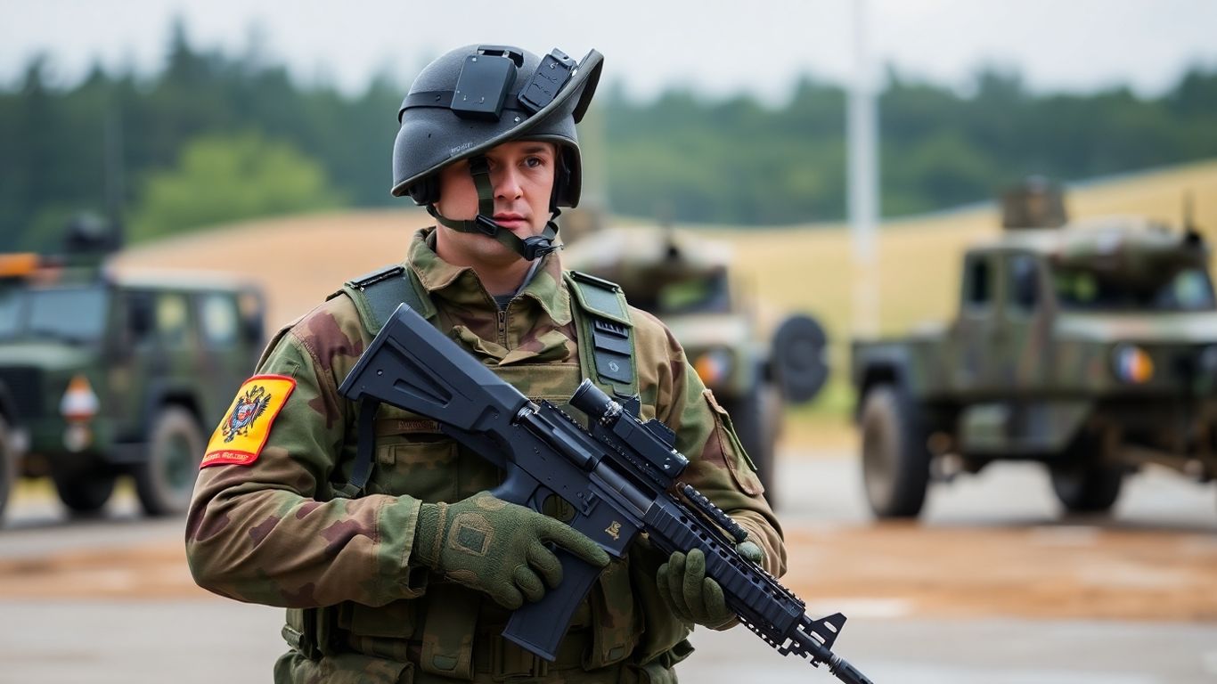 Soldat român în uniformă cu pușcă, teren de antrenament militar.