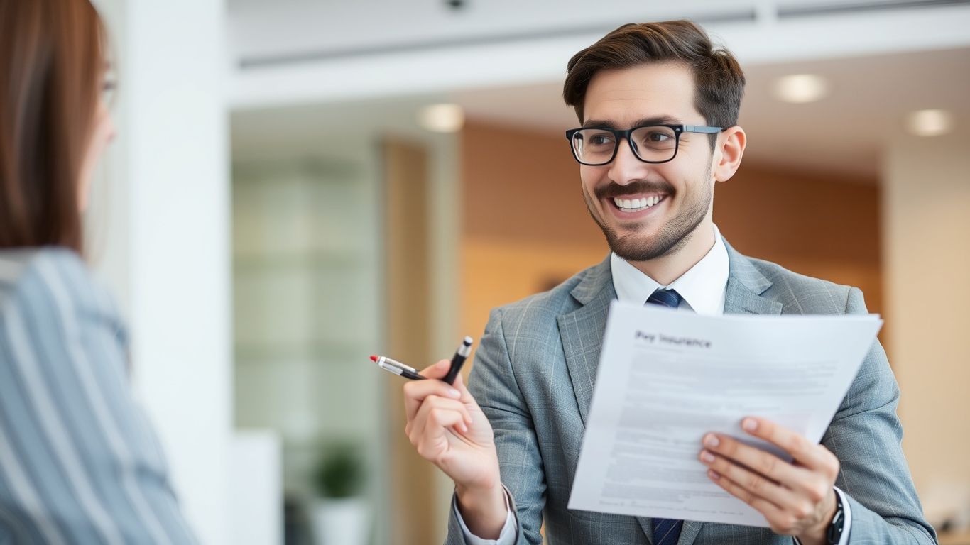 Insurance broker consulting with a client about policy choices.