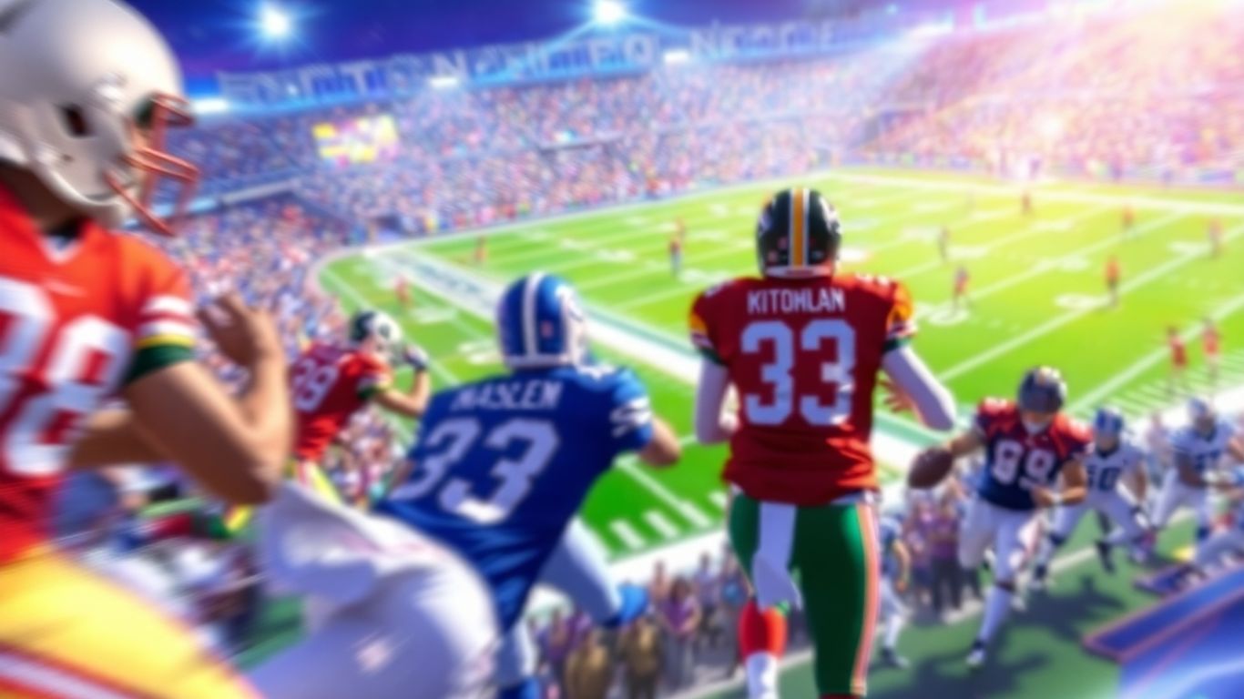 NFL players in action under stadium lights.