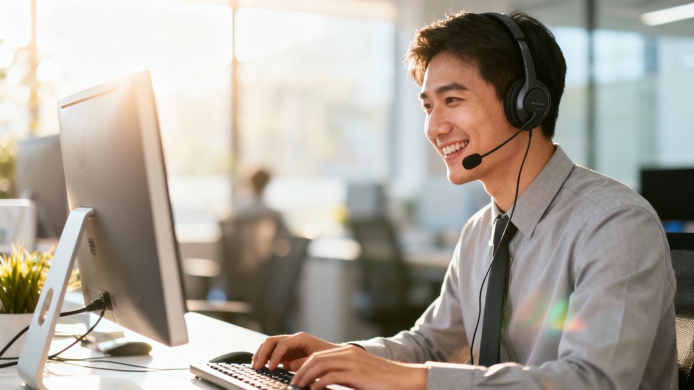 IT professional at a computer, looking towards the future.