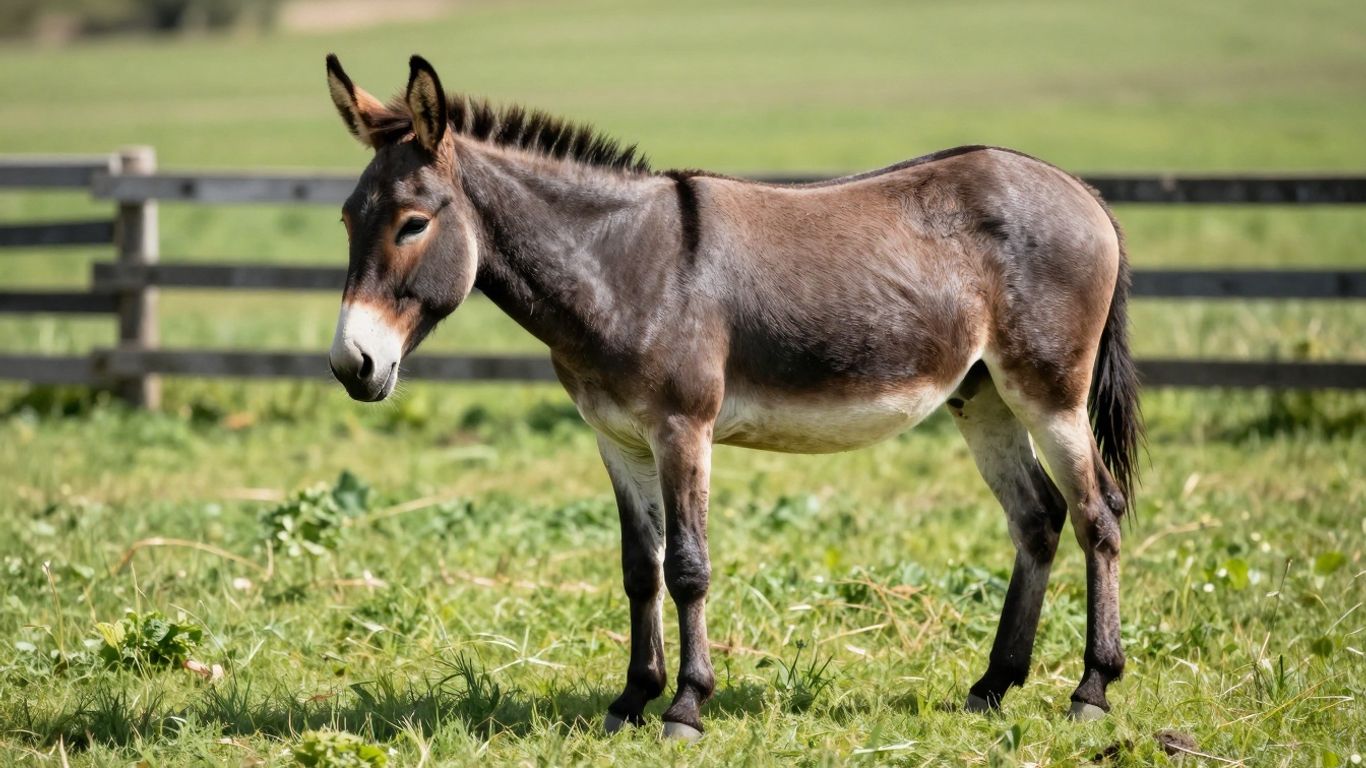 Mula em pasto com cerca de madeira.