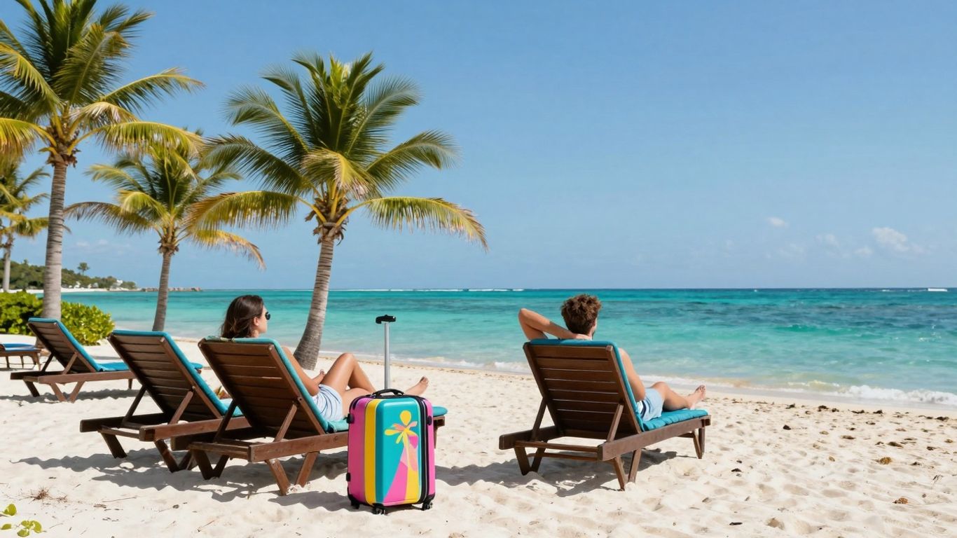 Budget beach vacation with palm trees and lounge chairs.