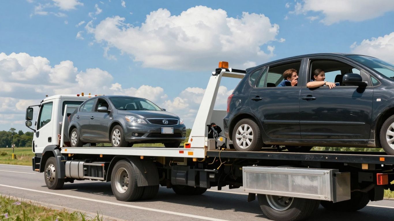 Tow truck assisting a car on the roadside.