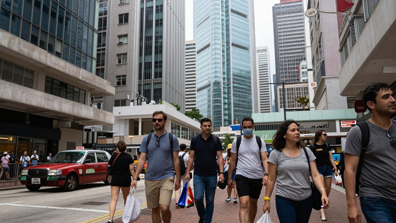 Hong Kong street with skyscrapers and people.