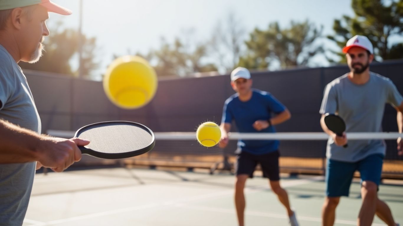 Pickleball players in action on a sunny court.