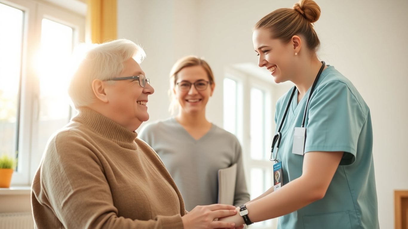 Caregiver helping resident in a bright, modern hostel.