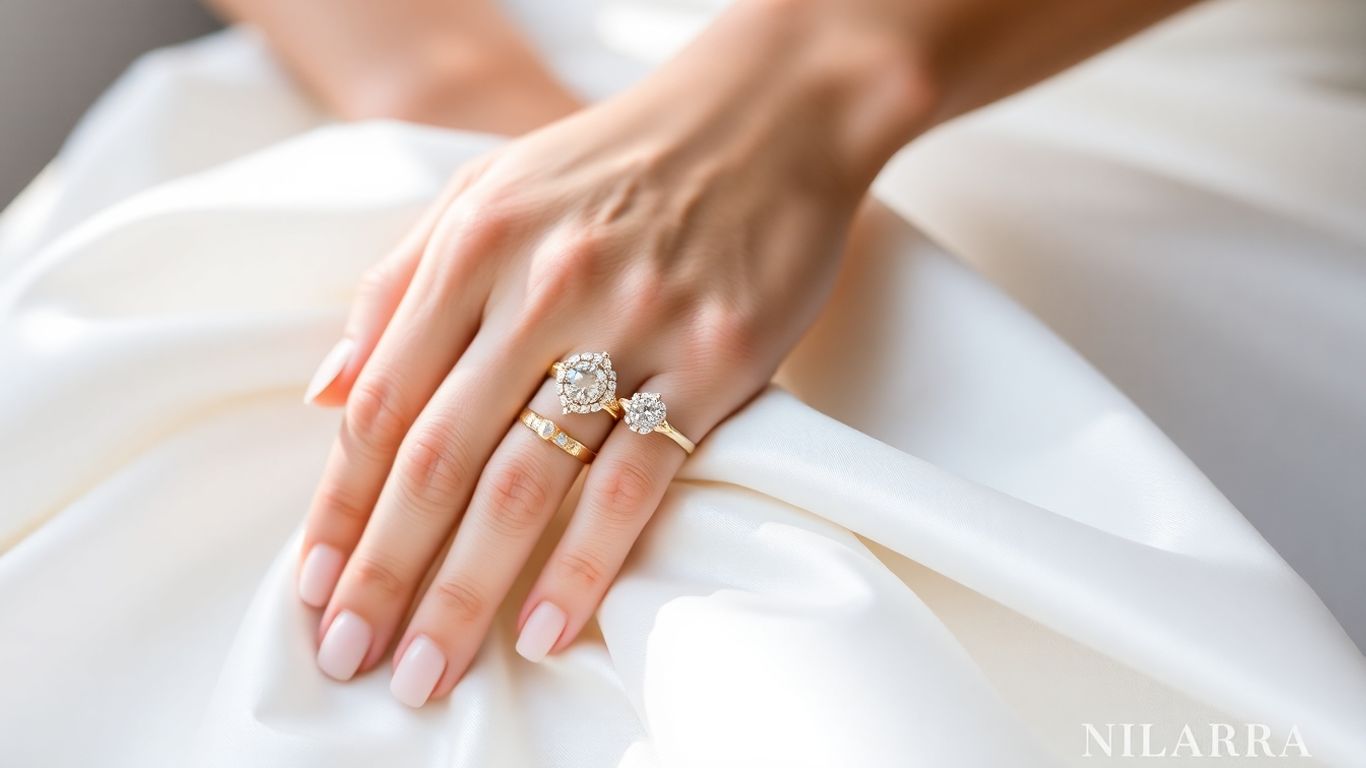 Bride's hand with diamond engagement and wedding rings.