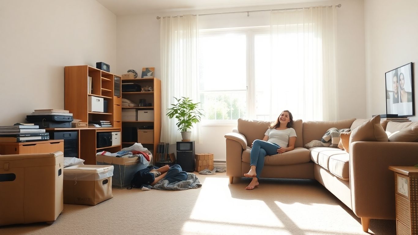 Clean living room with person relaxing on sofa.