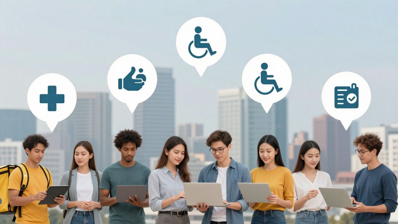 Gig workers with insurance icons.