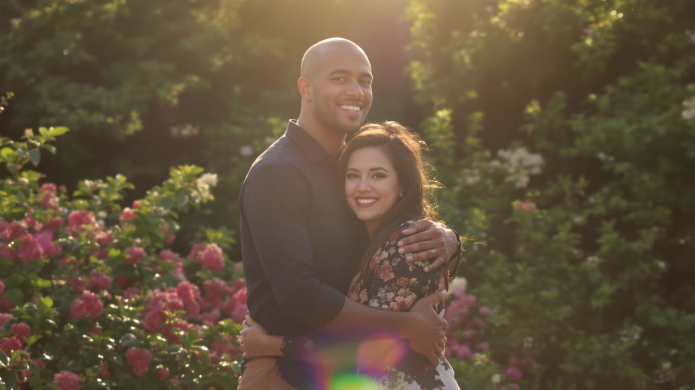 Couple embracing in golden light with flowers.
