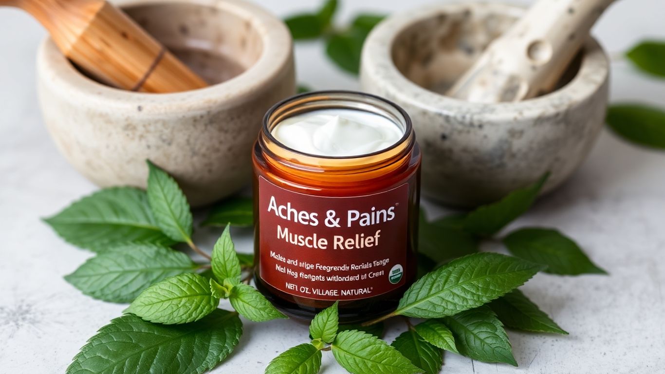 Village Naturals Muscle Relief cream with natural elements.