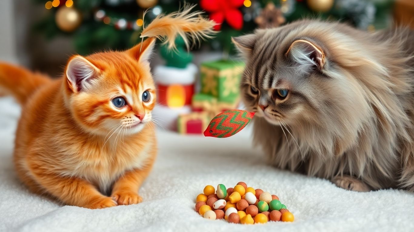 Cat playing with Christmas toys and treats.