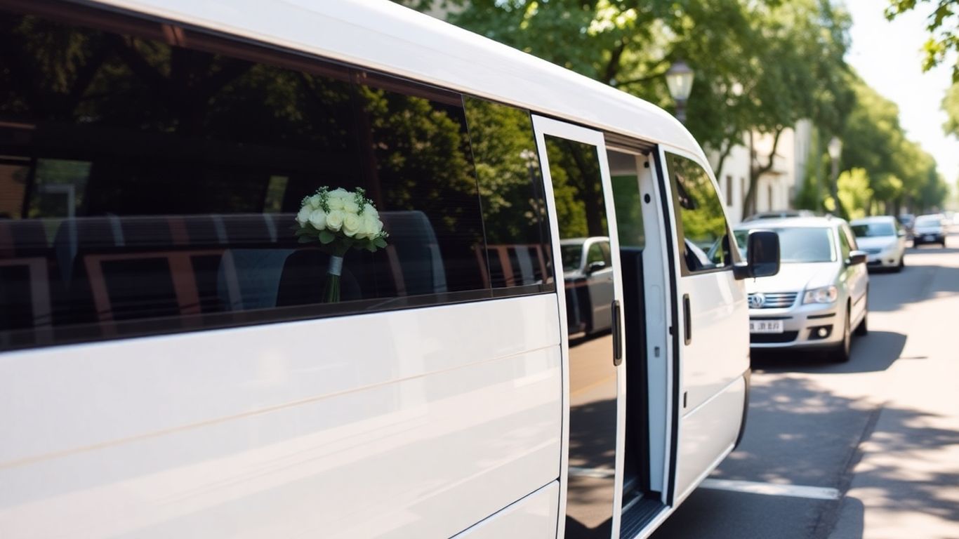 White wedding minibus ready to transport guests.