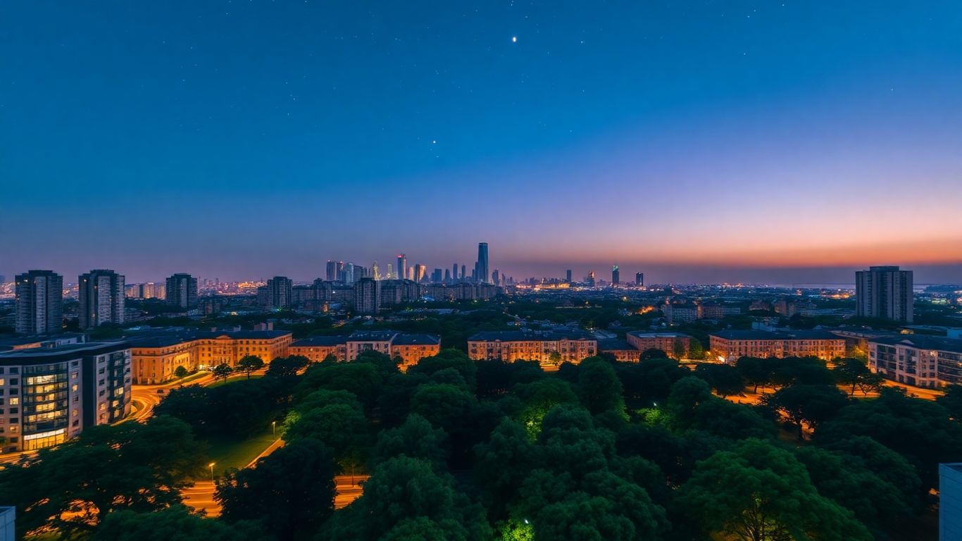 Carbon Neutral City skyline with green spaces and clear sky.