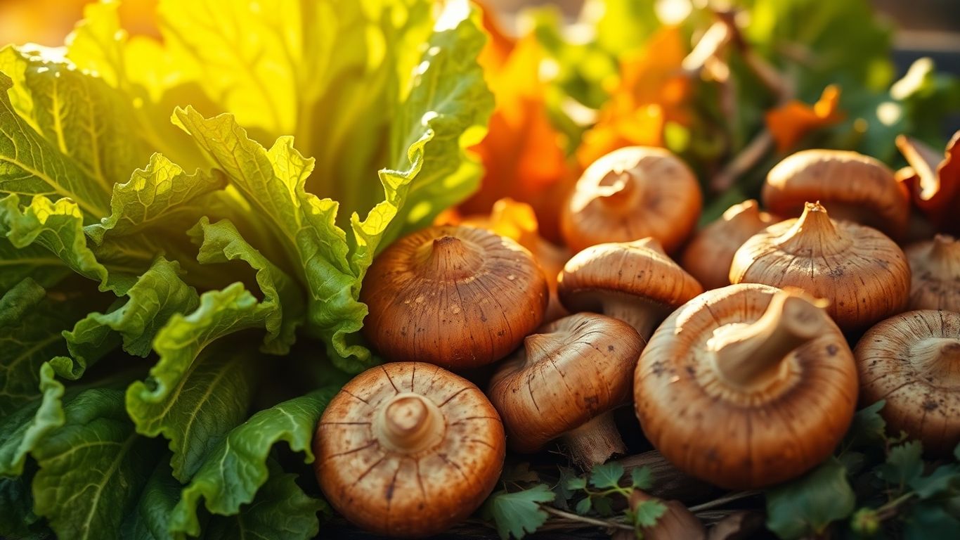 Salate und Pilze im Herbstlicht