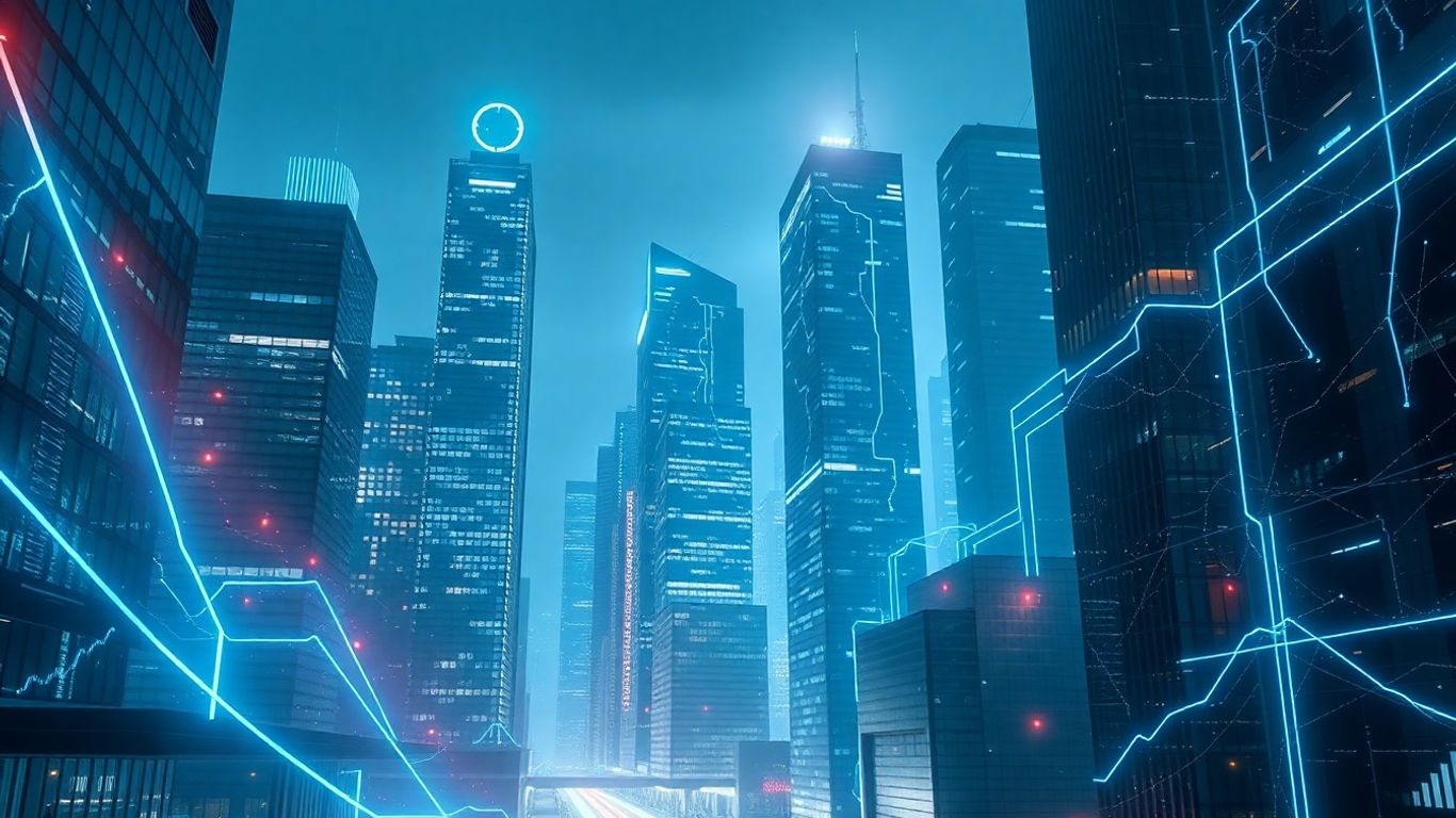 Futuristic financial district cityscape with digital lines.