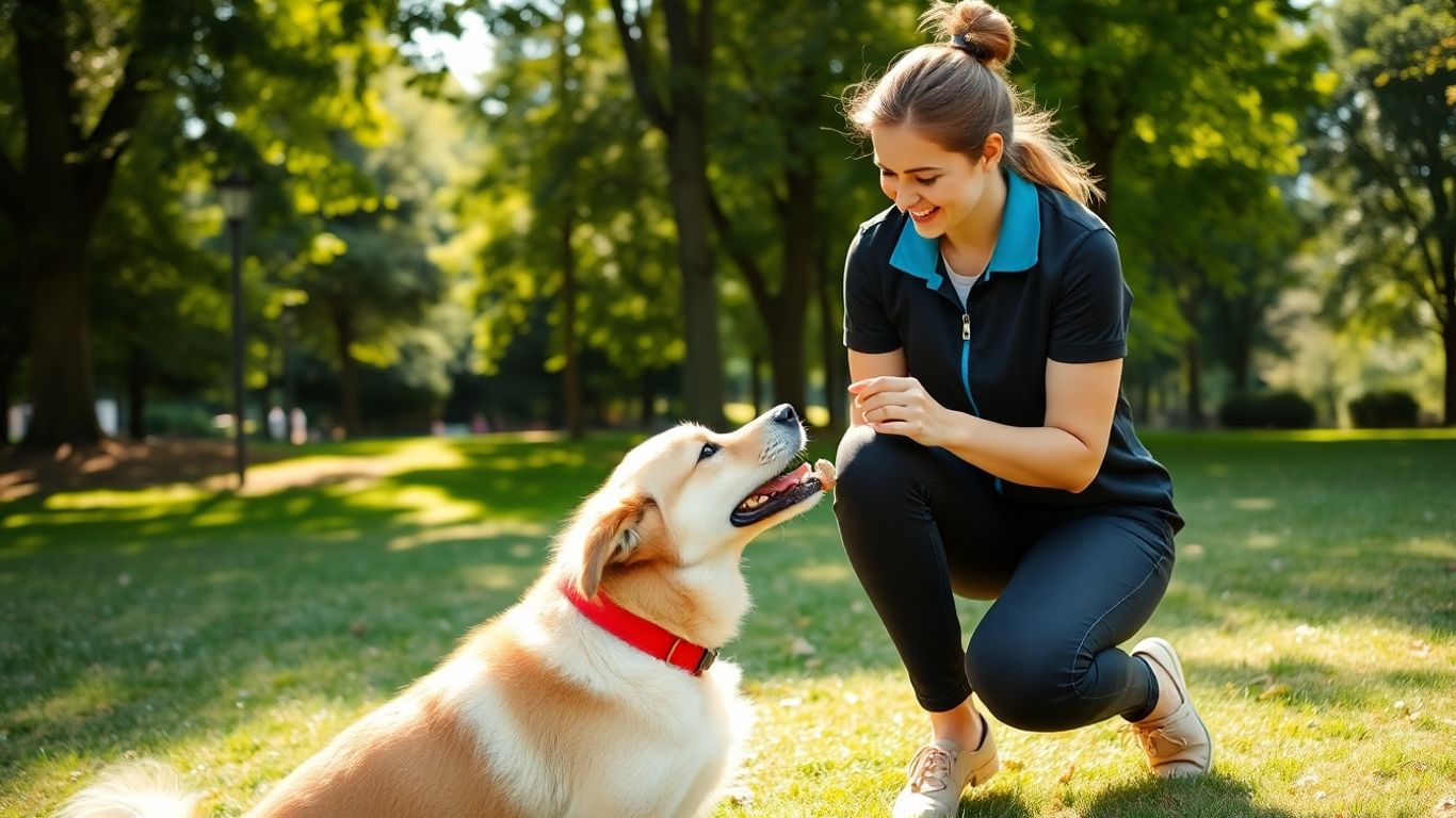 Dog trainer and happy dog interacting outdoors