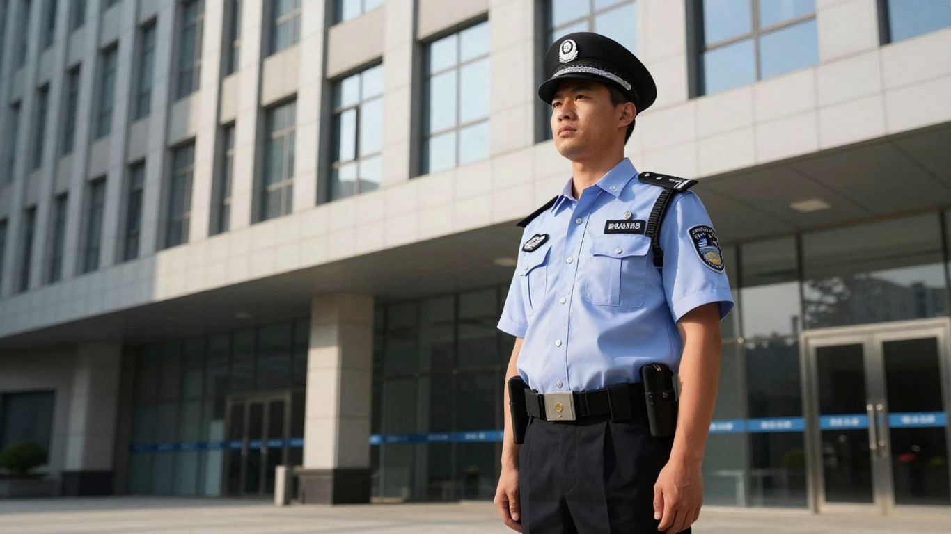 Professional security guard in uniform outside a building.