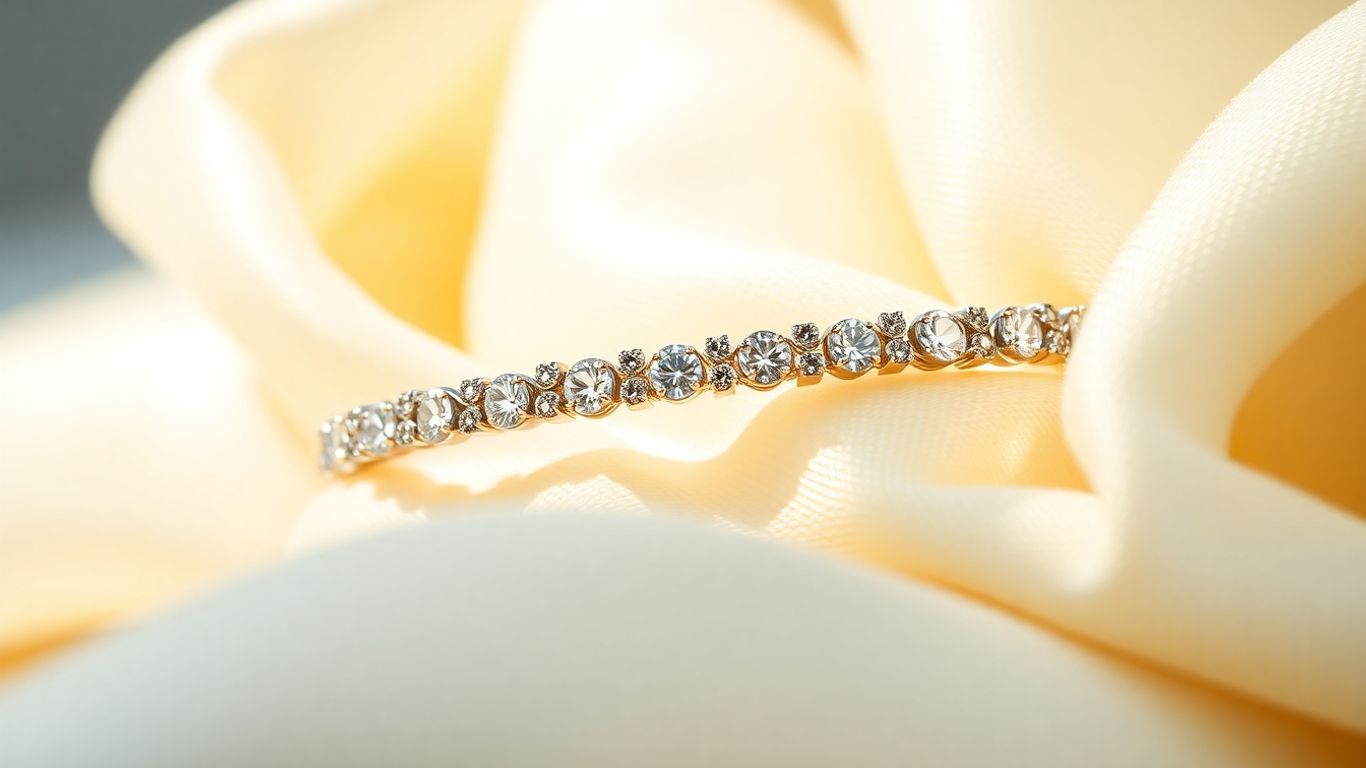 Sparkling diamond tennis bracelet on luxurious fabric.