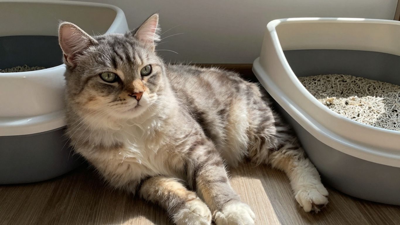 Cat relaxing near a clean litter box.