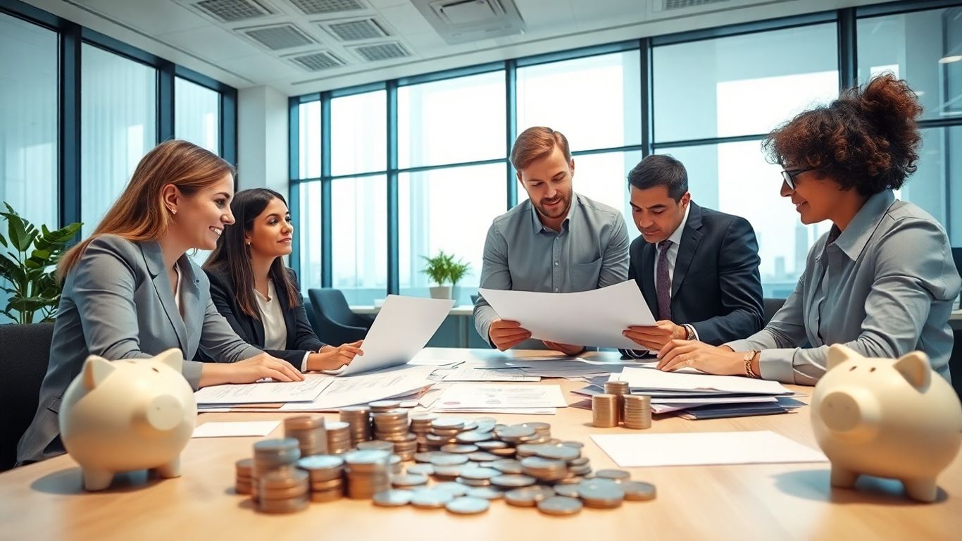 Businessleute und Privatpersonen analysieren Geld und Sparschwein