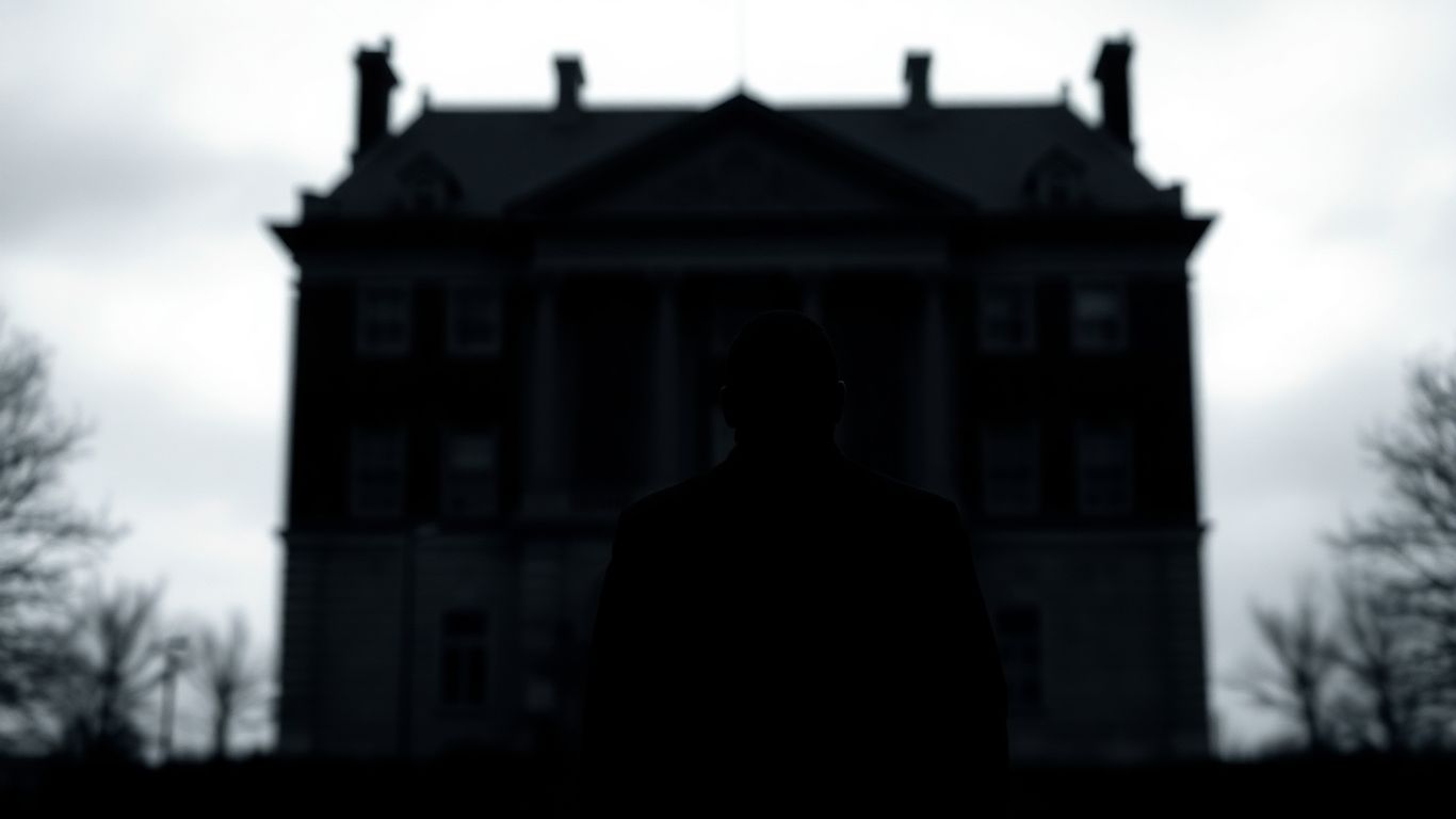 Shadowy figure before imposing building, Berlin political opposition.