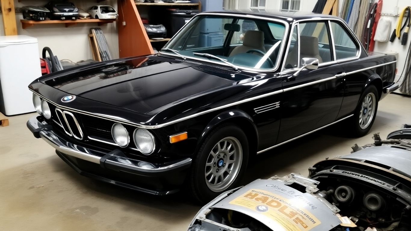 BMW car with parts in a workshop