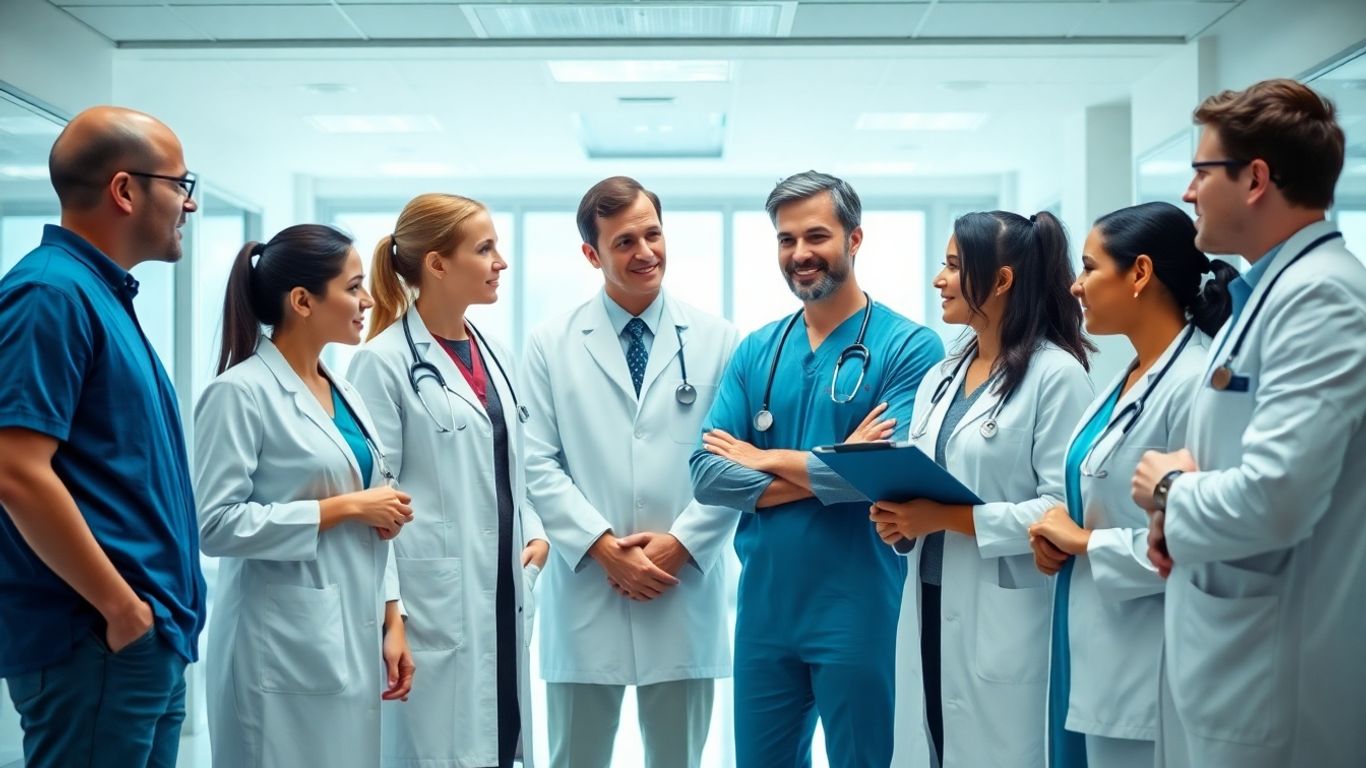 Gesundheitspersonal in einem modernen Krankenhaus, das zusammenarbeitet.