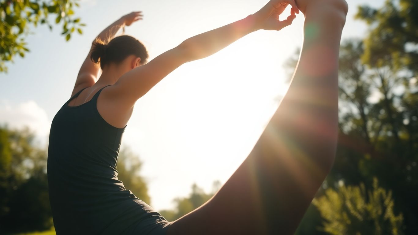 Person stretching outdoors in nature, feeling relaxed.
