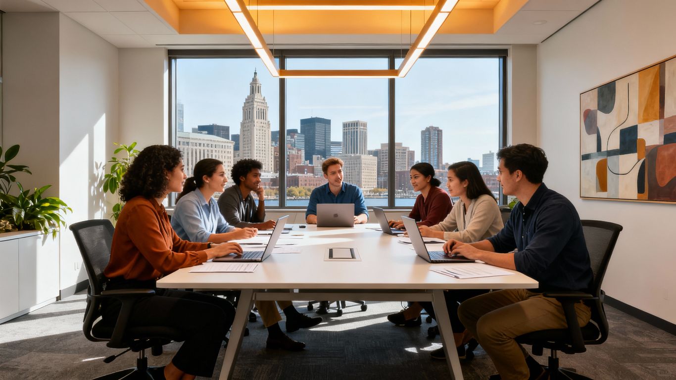Boston business team collaborating in modern office