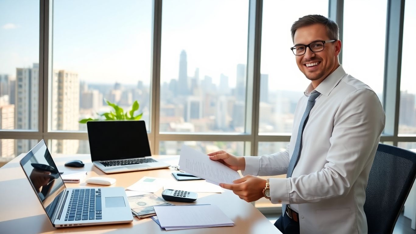 Mortgage broker with money and documents in modern office