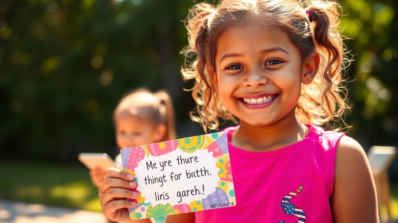 Girl holding personalized affirmation card, smiling.