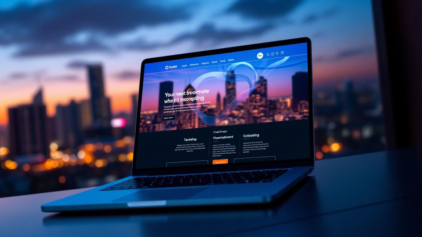 Modern website on laptop with city background.