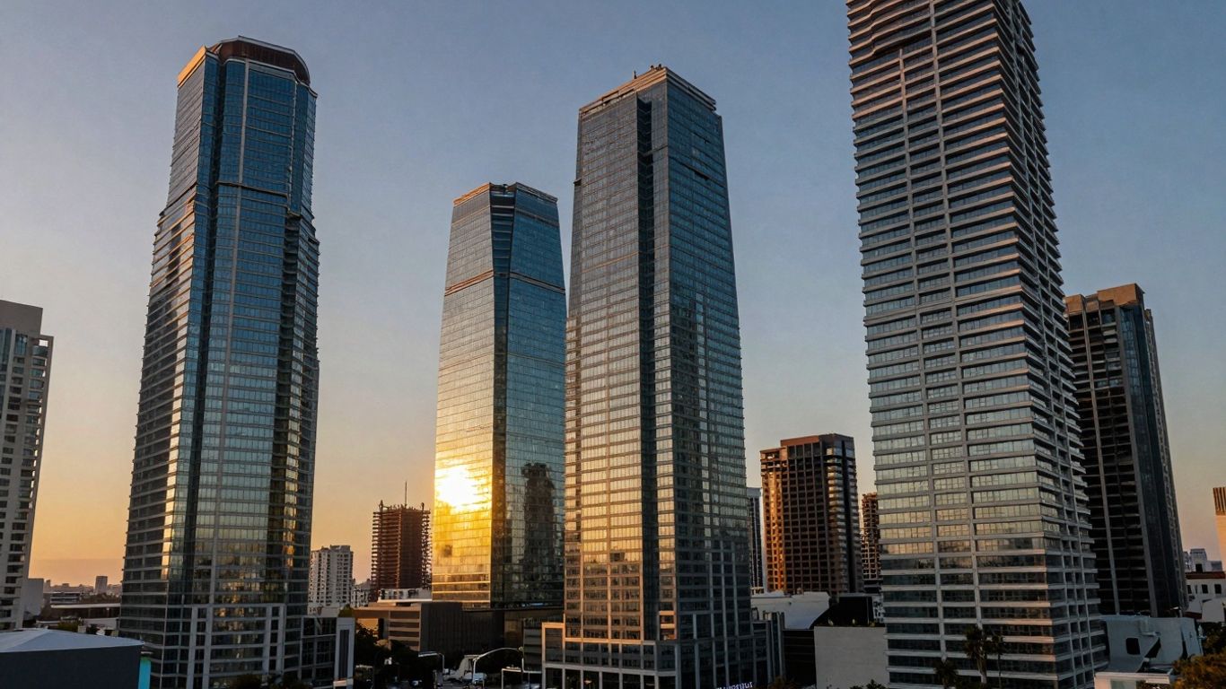 Emerging market cityscape with modern skyscrapers at sunrise.