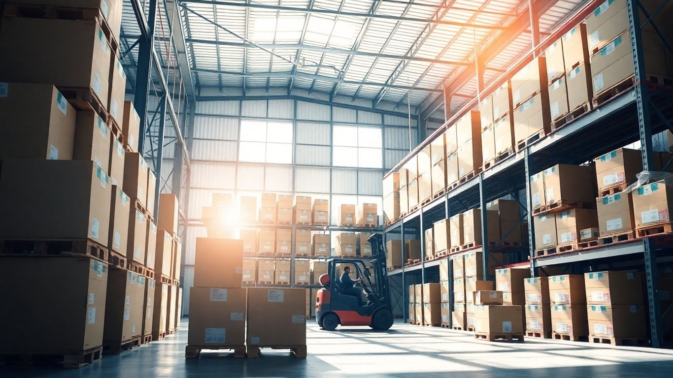 Warehouse with organized boxes and forklift