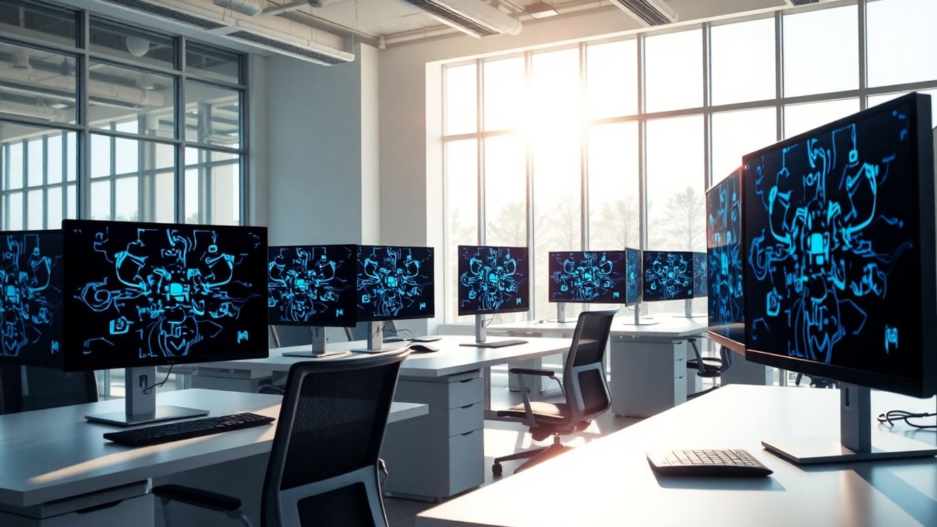 Modern office with monitors and natural light.