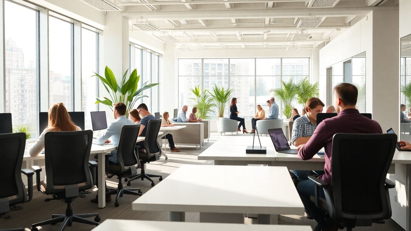 Moderner Büroraum mit natürlichem Licht und Pflanzen.