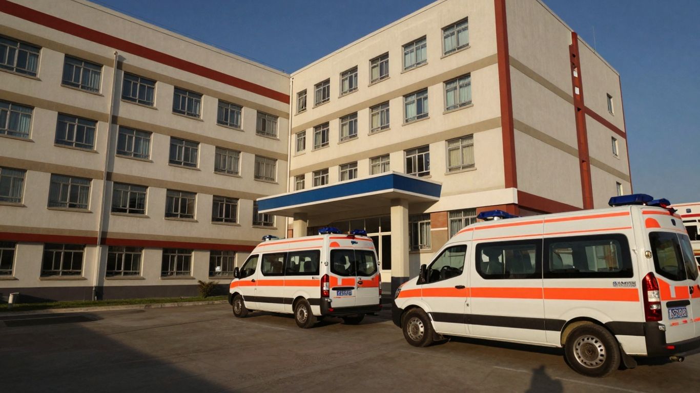 Spital modern cu ambulanțe în fața clădirii.