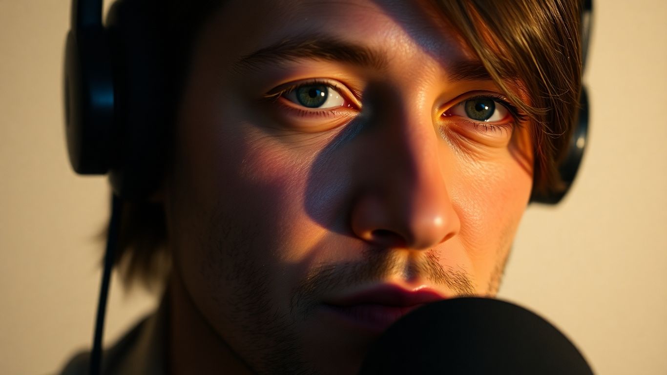 Podcaster with professional studio lighting setup.