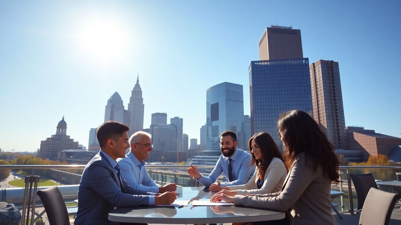 Ohio skyline and business professionals collaborating.