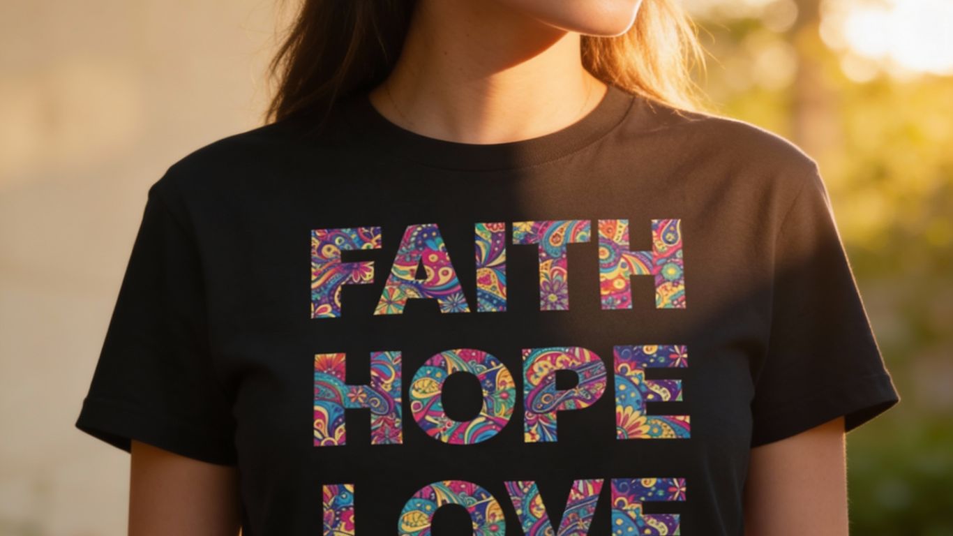Black t-shirt with colorful paisley text: Faith, Hope, Love.