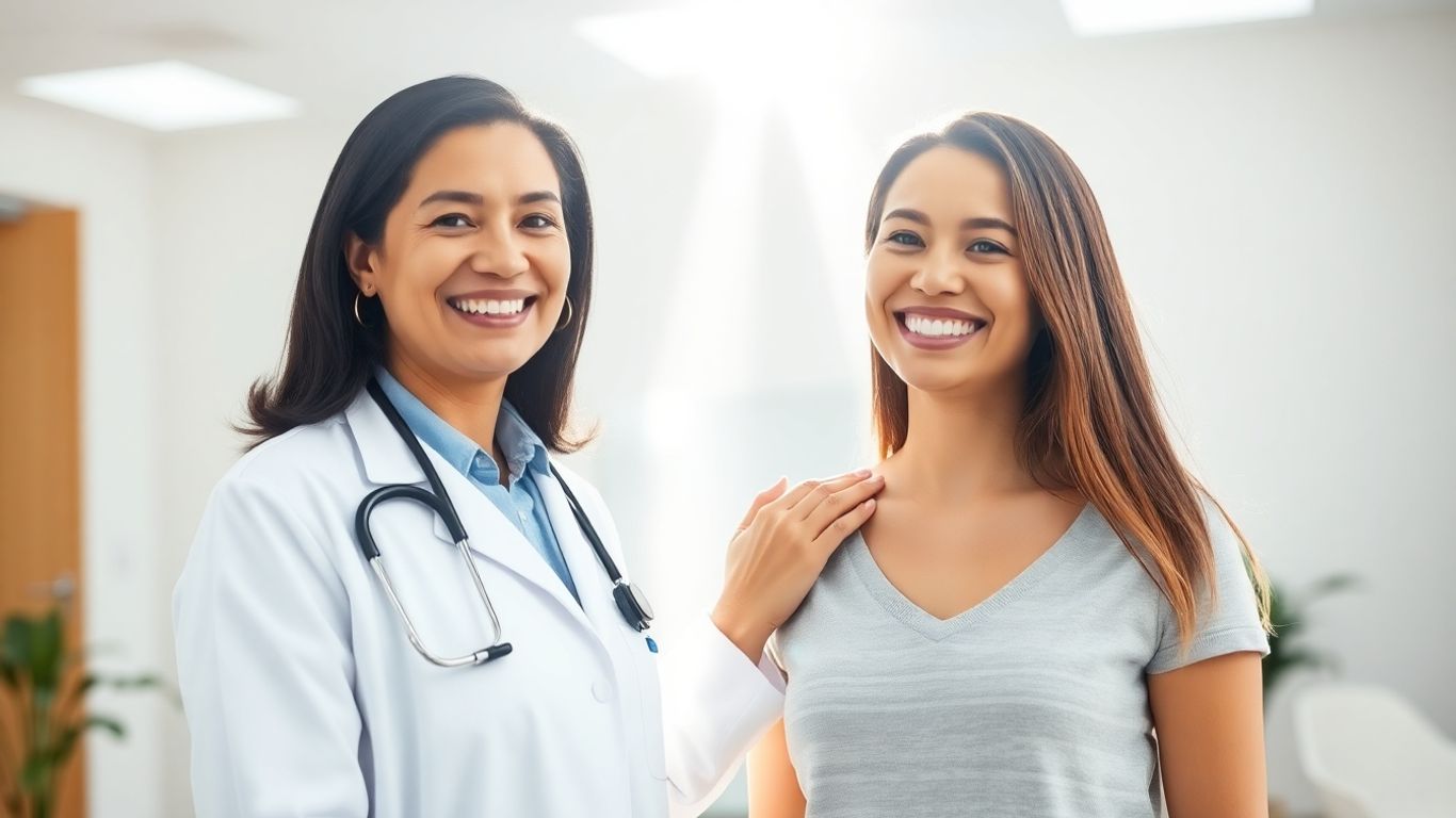 Médico e paciente sorrindo em clínica moderna.