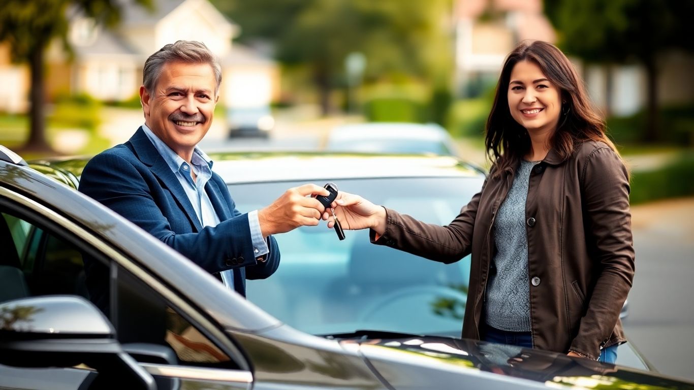 Allstate agent giving car key to happy car owner.