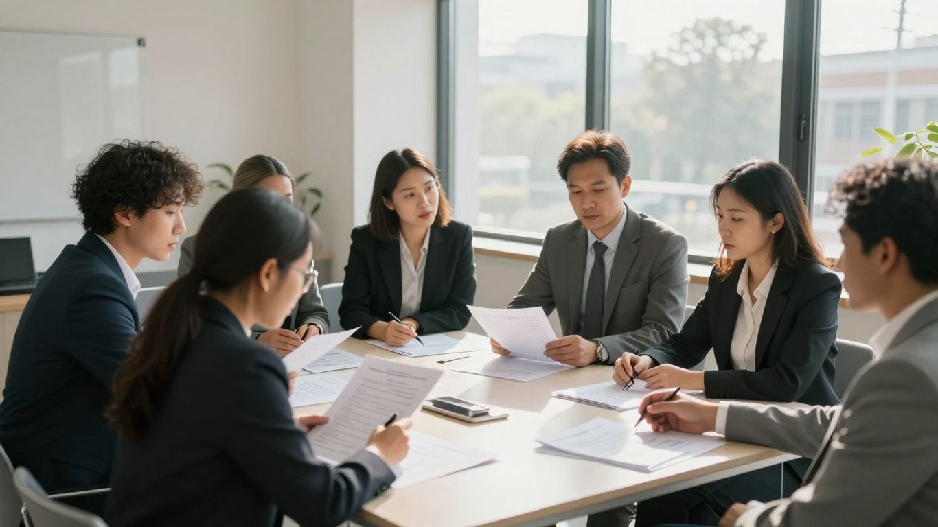 Business professionals discussing insurance strategy around a table.