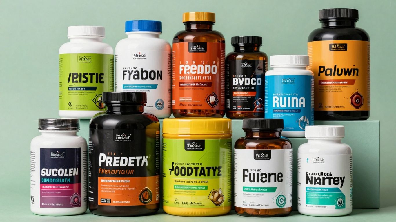 Suplementos de fitness futuristas e vibrantes em arranjos sonoros.