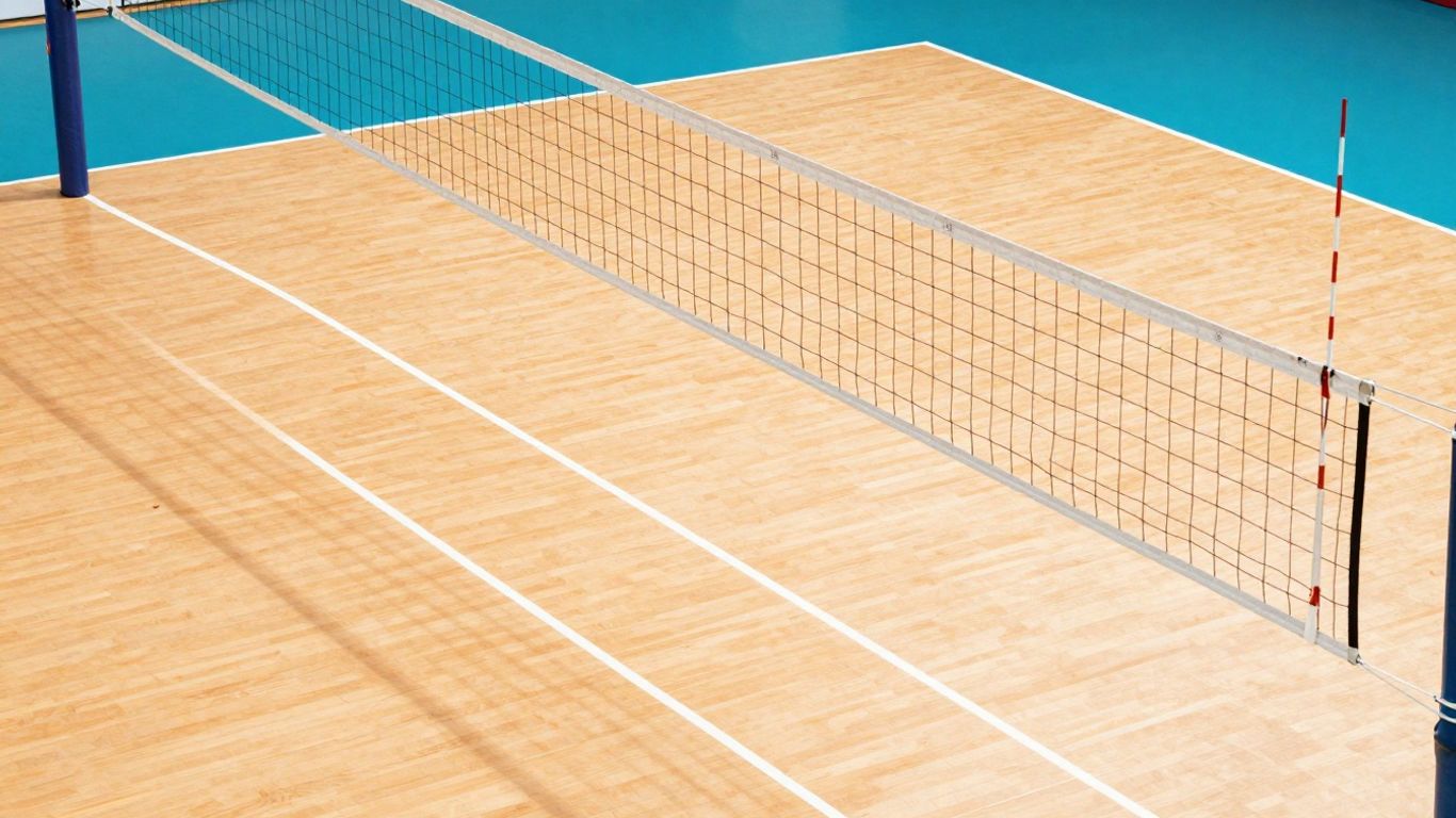 Teren de volei cu marcaje clare și plasă.