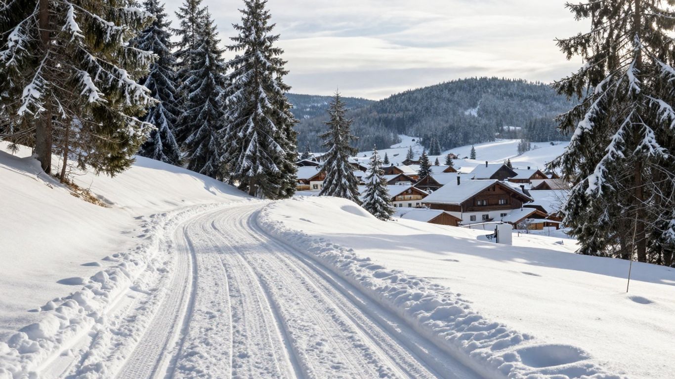 Langlauf-Loipen im Harz mit verschneiten Bäumen und Stadtblick