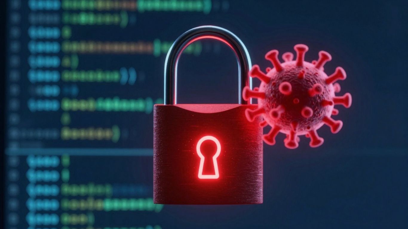 Digital lock and ransomware virus icon