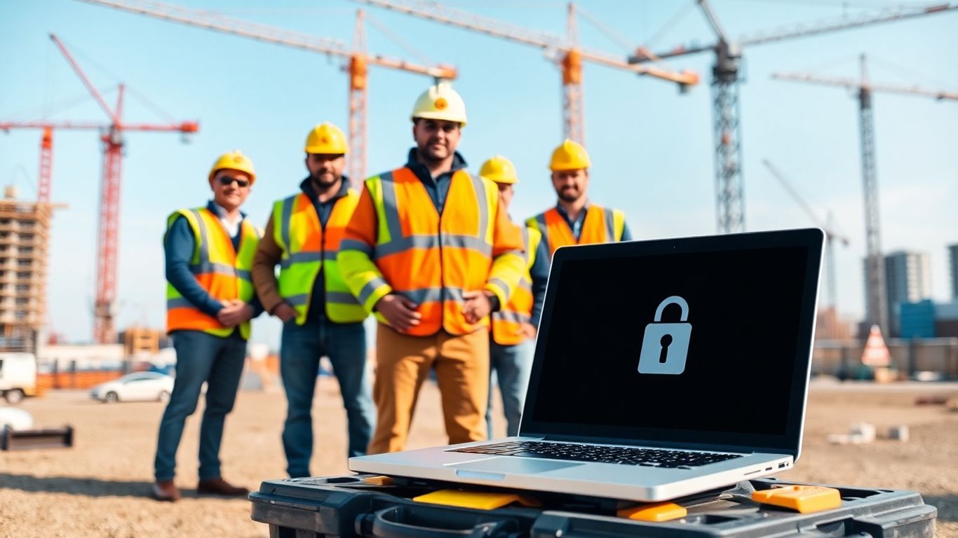 Construction workers near laptop with digital padlock icon